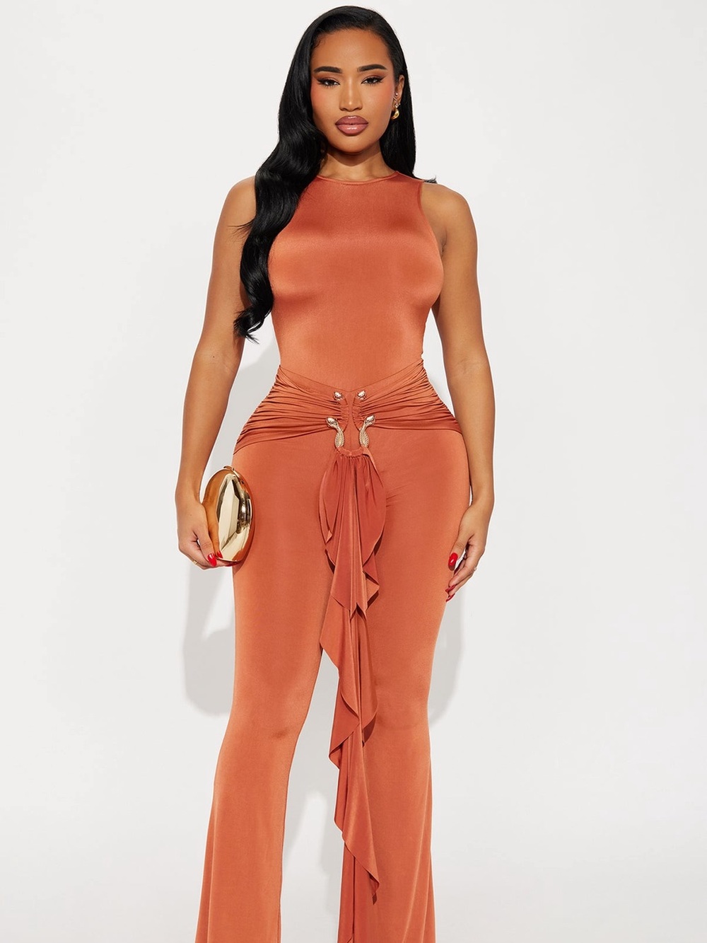 Fashion Nova Rust Orange Wide-Leg Jumpsuit with Front Drape